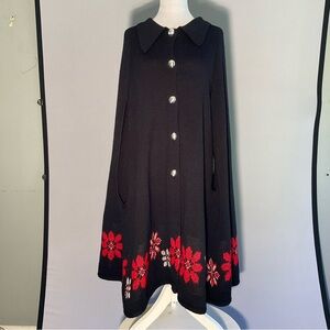 Vintage Sturbridge Ladies Small/Medium Midi Black Sweater Cape, Poinsettias